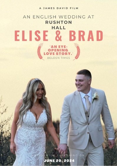 Elise and Brad Wedding Videography Film Cover Image featuring the married couple hand in hand with a cream background and pink writing